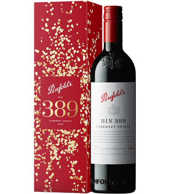 Bin 389 Cabernet Shiraz Bottle with red gift box covered in gold confetti